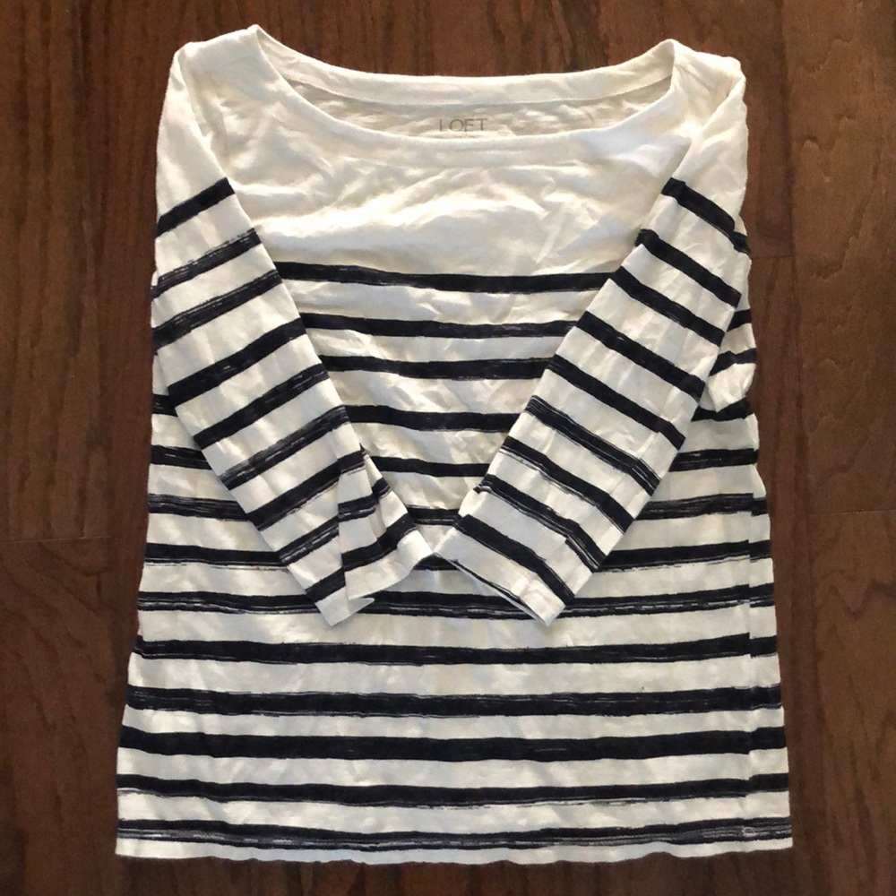 Loft Navy White Striped Boatneck Tee |SM|